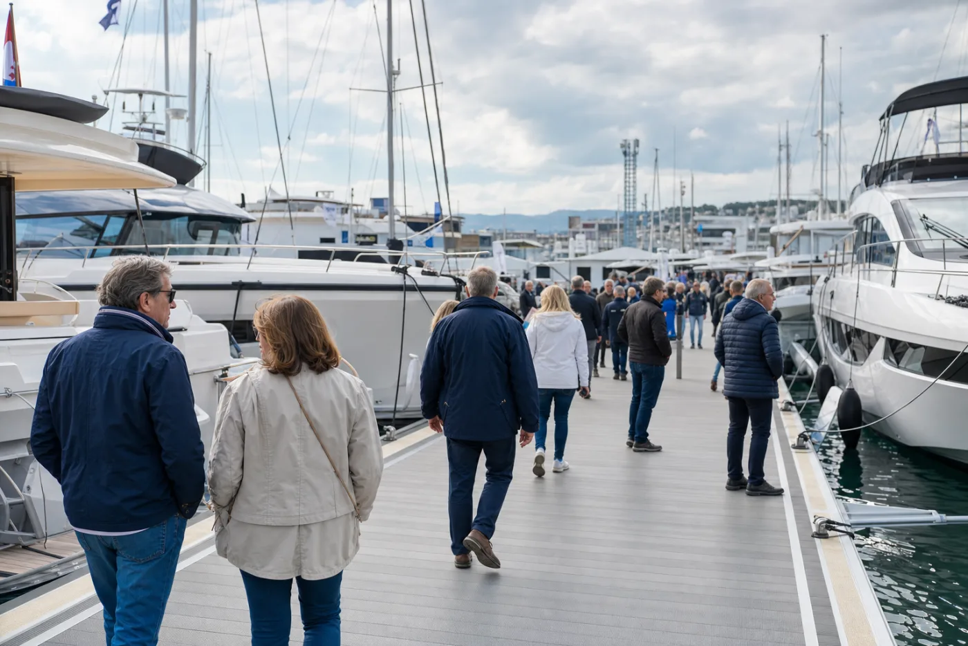 Visitors browsing yachts on a marina pontoon at a boat show