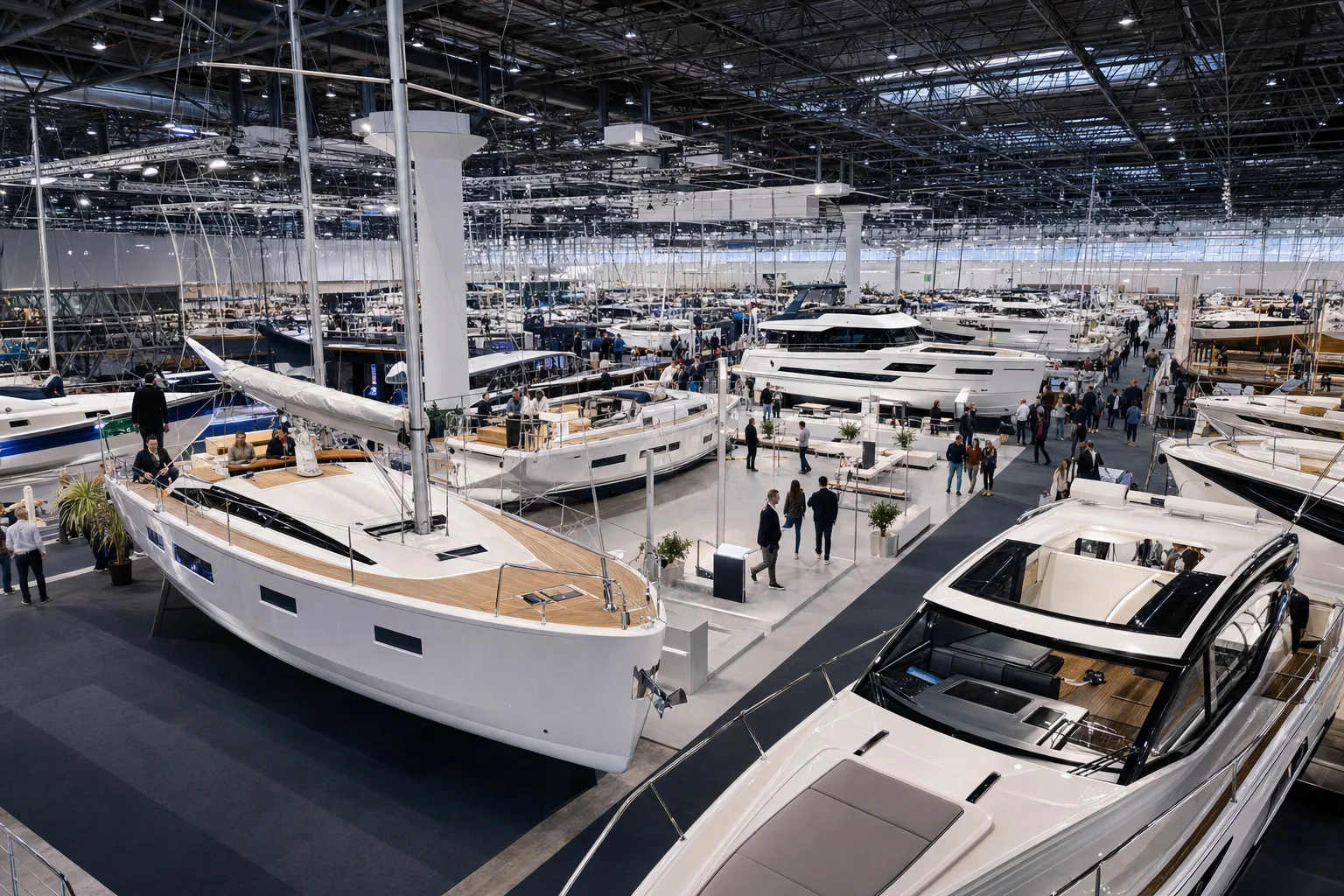 Yachts displayed under the roof of a large exhibition hall with visitors browsing